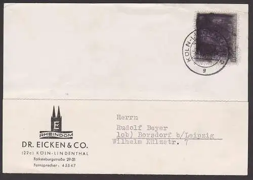 Propaganda Postkrieg Schwärzung der Gefangenenmarke  mit Stacheldraht aus Köln-Lindenthal nach Bonsdorf Juli 1953