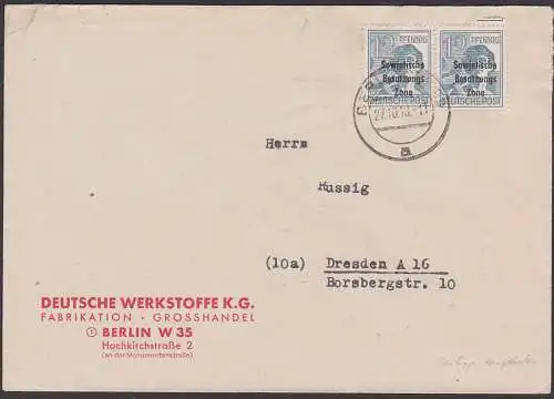 SBZ Ost-Berlin Brief mit Westberliner Abs. Berlin W35 wegen Portoersparnis nach Dresden 27.10.48