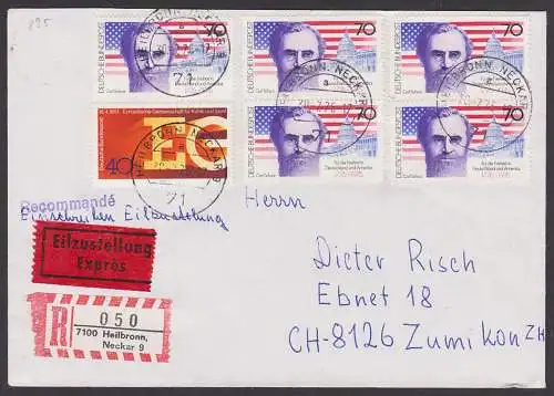 Carl Schurz 70 Pf. (5) auf Eil-,R-Bf nach Zumikon Schweiz, Für die Freiheit in Deutschland und Amerika, MiNr. 895