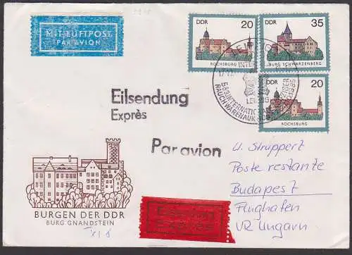 Burgen in der DDR Eil-Bf par avion nach Budapest, SoSt. Leipzig Int. Rauchwarenauktion Leder, Hohnstein, Schwarzenberg