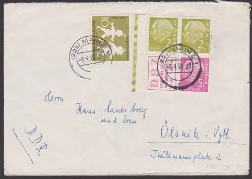 Germany 2 + 5 Pfg. Th. Heuss  Zdr. W6 mit Werbefeld DBZ aus Markenheftchen, Brief Ölsnitz mit ent'fernter NO-Marke