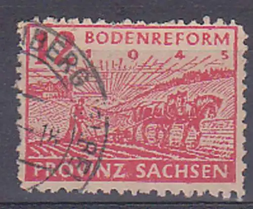SBZ 12 Pf. Bodenreform 1945 in der DDR, Postmeistertrennung SBZ 86A gest, pflügender Bauer