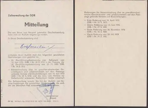 Zollverwaltung Postzollamt Erfurt DDR Mitteilung über unrechtmäigen Inhalt in "Geschenksendung" mit Hinweis auf §