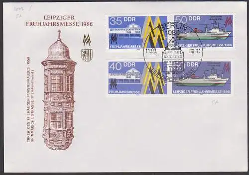 Leipziger Frühjahrsmesse 1986, Marken und GA-Ausschnitte auf FDC-Umschlag SoSt. DDR 3003/04, Fabriktrawler Atlantik 488