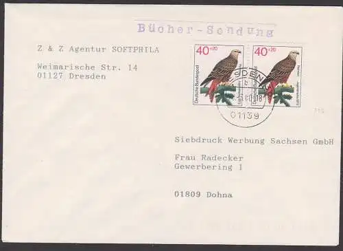 Rotmilan 40 +20 Pf. BRD 756 (2) auf "Büchersendung", portogenau, Greifvogel