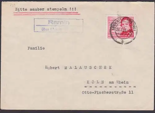 Ramin über Löcknitz (Meckl) Poststellenst., Fernbrief 24 Pf.  Schumann DDR 529 nach Köln am Rhein