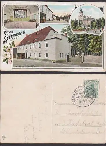 Bahnpost CHEMNITZ-RIESA-RÖDERAU ZUG 3432 5.6.1911 Ak Gruss aus Seerhausen mit Gasthaus "Zum goldenen Löwen"