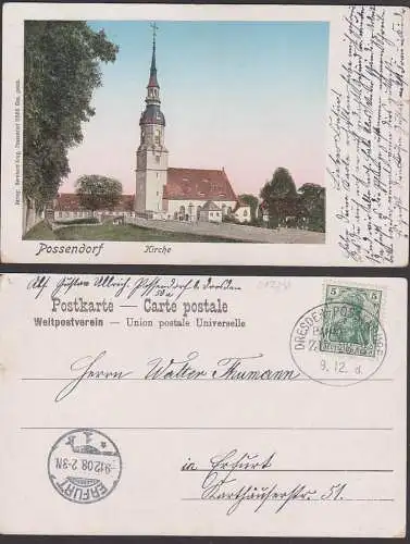 Bahnpost DRESDEN - POSSENDORF ZUG 2872 9.12.1908 Ak Possendorf Kirche  mit Friedhof nach Erfurt