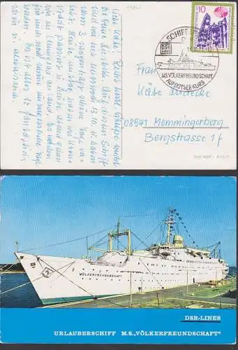 DDR Schiffspost MS Völkerfreundschaft auf Ostseekurs DSA lines, Ak Urlauberschiff im Hafen 18.10.71 mit Messem. 1700