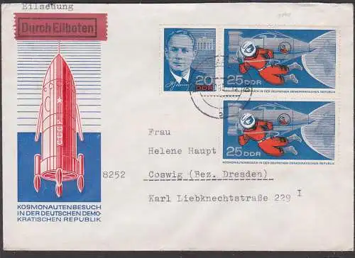 Eilbotenbrief Kosmonautenbesuch DDR 1140, rs. Vignette Luftpostausstellung1961 in Merseburg, portogenau