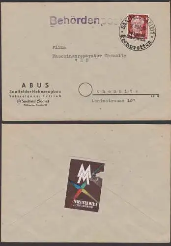 Behördenpost 28.6.51 Saalfeld (Saale) Feengrotten, ABUS Hebezeugbau, rs. Vignette Leipziger Messe 1951