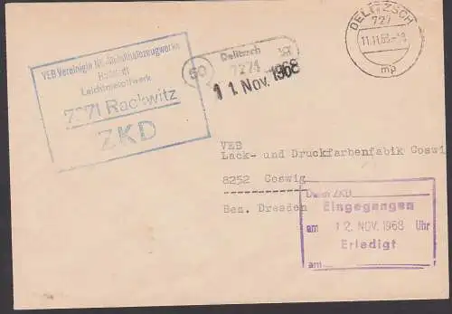 RACKWITZ Delitzsch PSSt. (50), Vereinigte NE-Metallhalbzeugewerke Hettstedt Leichtmedtall ZKD Kastenstempel 11.11.68