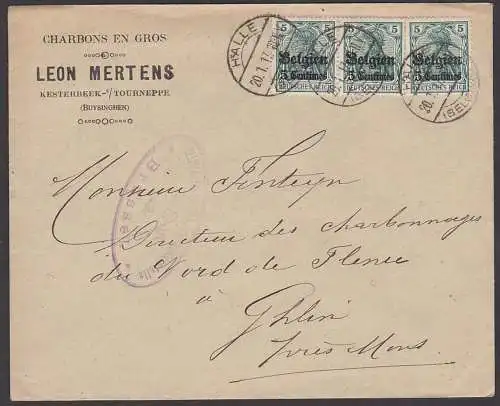 Halle (Belgien) Landespost Belgien Brief 20.1.17 5 Centimes(2) mit Aufdruck auf Germania, Prüfstempel, Kesterbeek
