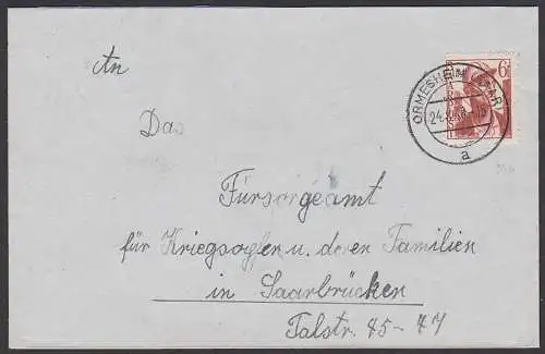 Ormershaim Saar 6 Fr  Bergmann Saarland 246 an Fürsorgeamt Saarbrücken