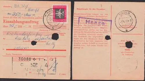 Einzahlungsauftrag 20 Pf. Luftpost Poststellenstempel Haage über Nauen seltene Verwendung 1.4.59 (Mi.Nr. 610)