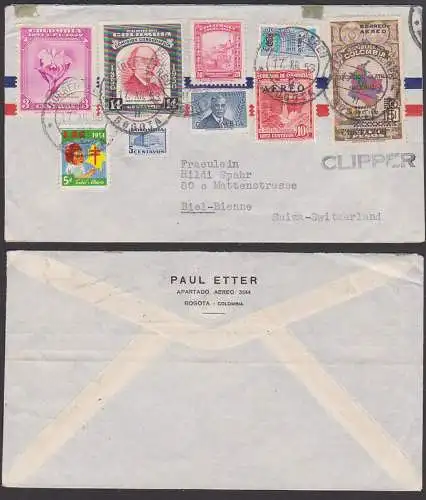 Bogota Colombia letter 17. XII. 53 to Biel bienne Schweiz Suiza mit 5 Cent Spendenmarke, Buntfrankatur, Clipper