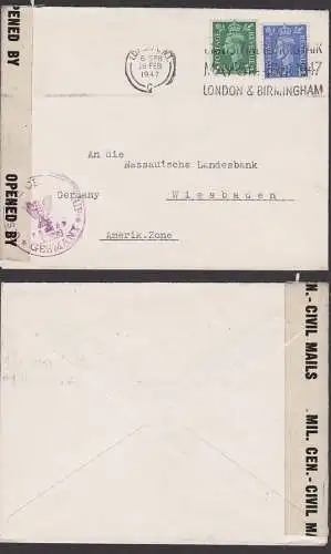 London W.T. 26.2.1947 mit amerikansicher Zensur Germany passed  nach Wiesbaden, mil. cen.-civil mails