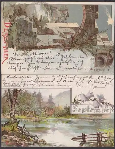 Monatsgrüße 2 Künstlerkarten, September Dezember Verlag M. Seeger Stuttgart, 1900