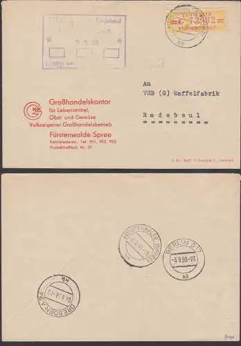 Fürstenwalde / Spree ZKD-Fernbrief B 17K 3.9.58 von Grosshandel Obst Gemüse, relativ späte Verwendung, gepr. Engel