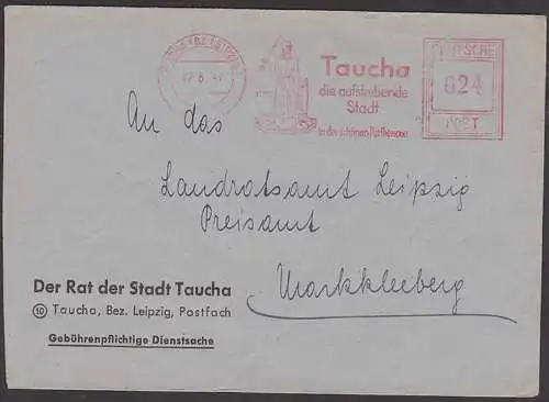 TAUCHA AFS =024= 12.5.47, Rat der Stadt, Taucha die aufstrebende Stadt in der schönen Parthenaue, anno 1170, Denkmal