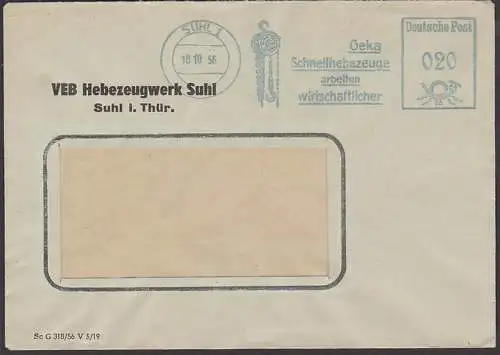 SUHL Dienstpost mit AFS 18.10.56 Geka Schnellhebezeuge arbeiten wirtschaftlicher, Abb. Flaschenzug, VEB Hebezeugwerk