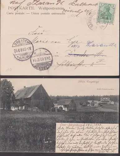 Ober-Bärenburg Sächsisches Erzgebirge Hotel Friedrichshöhe 1903 nach Dresden und Weiterleitung nach Tharandt
