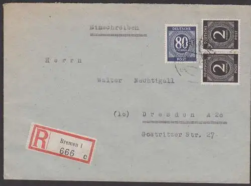 Bremen Germany  Einschreiben 80 und 2 (2) Pfg. Ziffer, portogenau nach Dresden 1947