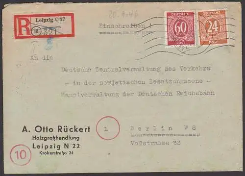 Leipzig C17 20.9.46 Einschreiben mit Maschinenrollstempel, Text seitlich n. Berlin Zentralverwaltung Deutsche Reichsbahn