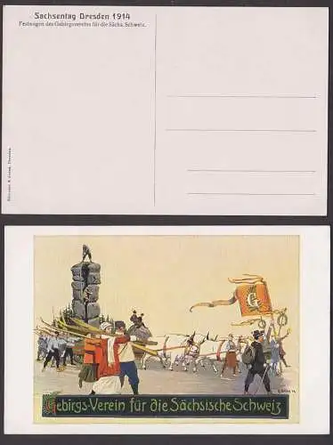 Gebirgsverein der Sächsischen Schweiz, Anlass-Künstlerkarte "G. ERLER", Sachsentag Dresden 1914, Festwagen, ungebraucht