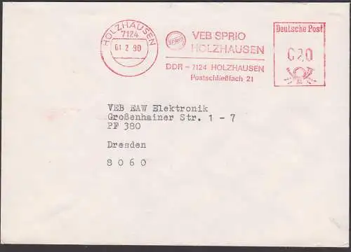 Holzhausen AFS VEB SPRIO 1.2.1990, VEB im Abs.-Teil und DDR vor Postleitzahl