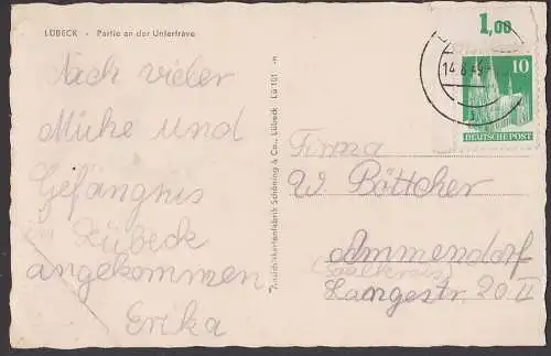 Kölner Dom lo. Eckrandstück auf Karte (ru. gebrochen) Lübeck 10 Pfg. aufgebrachte NO-Marke wieder entfernt da nach SBZ