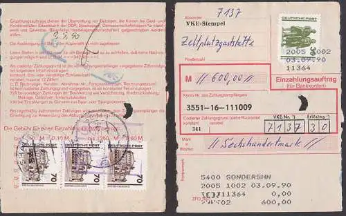 Sondershausen Einzahlungsauftrag mit DM-Währungsfrankat. Poststellenst.  3.9.90 auf Formular mit alten Porto, Terminal