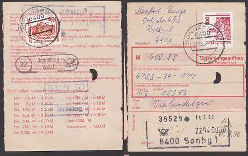 Sonneberg Rotheul Einzahlungsauftrag mit 80, 100 DM-Währung. Poststellenst. (32), 11.9.90 auf Formular mit alten Porto