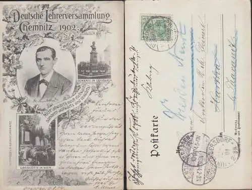 Anlasskarte Chemnitz 1902 Deutsche Lehrerversammlung mit Denkmal Dr. Franz Sittes in Irfersgrün, Grabstätte in Wien