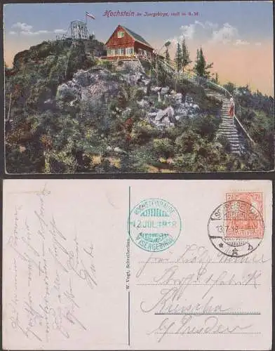 Schreiberhau Isergebirge Bautenstempel 12. JUL 1918, Colorkarte mit Hochstein Aussichtsturm