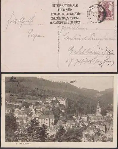Baden-Baden MWSt. 1921 "Internationale Rennen" 14.6.21 15 Pf Germania als Drucksache portogenau