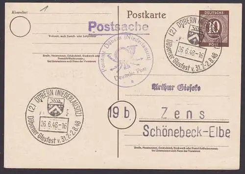 Postsache 26.6.48 DÖBERN (Niederlausitz) SoSt. Glasfest Wappen auf 10 Pf. Ziffern als Unterlage, Posthorn mit Blitzen
