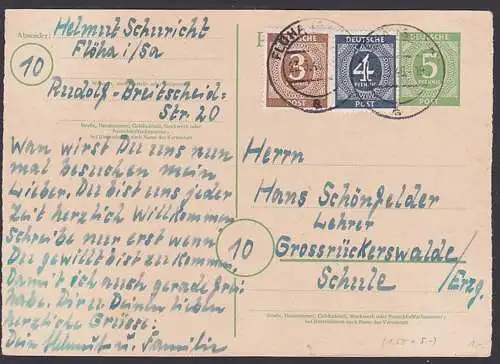 Flöha (Sachsen) 5 Pfg. Ziffern GA mit Zusatzfrankatur 3 und 4 Pf.  portogenau 23.4.46