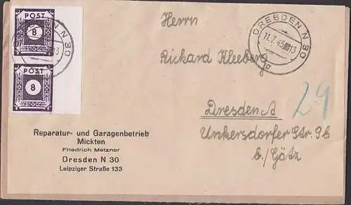 Germany OPD 8 Pf. SBZ 44(2) Orts-Doppelbrief portogenau Dresden N30 11.7.45, re. Randpaar Ersatzadress-Aufkleber