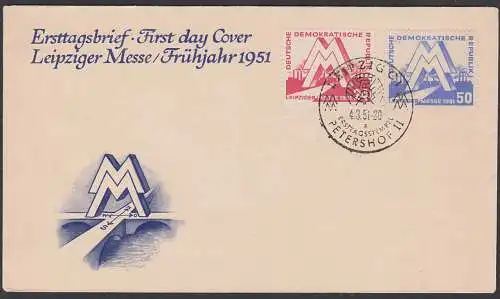 Leipzig Allemagne DDR 282/83 SoSt. Petershof FDC MM Leipziger Messe, offizieller Umschlag mit Druckvermerk