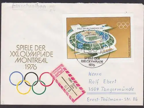 Olympische Spiele 1976 Montreal DDR 2132 Bl. 46 R-Brief SoSt. BERLIN vom Ausgabetag, Zentralstadion Leipzig