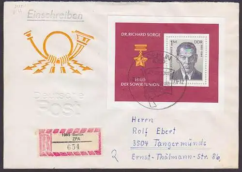 Dr. Richard Sorge Held der Sowjetunion  1 M DDR  Bl. 44 R-Brief SoSt. BERLIN 3.2.76, vom Ausgabetag