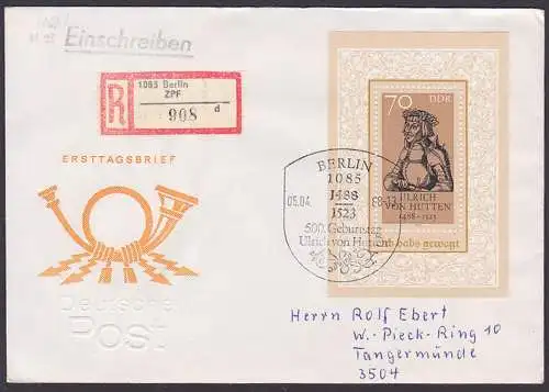 Ulrich von Hutten (1499 - 1523) 70 Pf.  DDR 3167, Bl. 93 portogenau R-Brief SoSt. BERLIN  5.4.88 nach Tangermünde