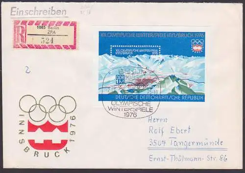 Innsbruck 1976 Olympische Spiele DDR  2105 Bl. 43 R-Brief SoSt. BERLIN vom Ausgabetag, Loipen-Verlauf, Gebirge Alpen