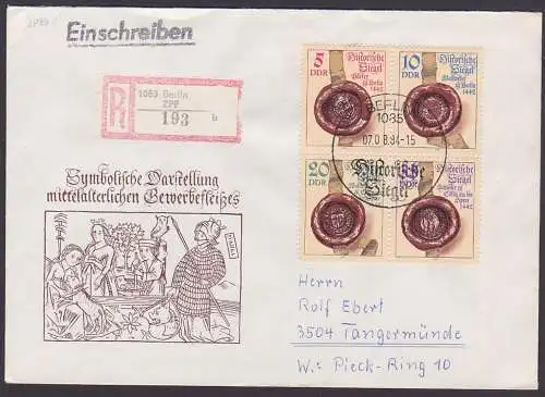 Siegel Wollweber Bäcker zu Berlin, DDR Zdr. 2884 R-Brief, SoSt. Berlin 7.8.84 Ausgabetag Historische Siegel, Schuster
