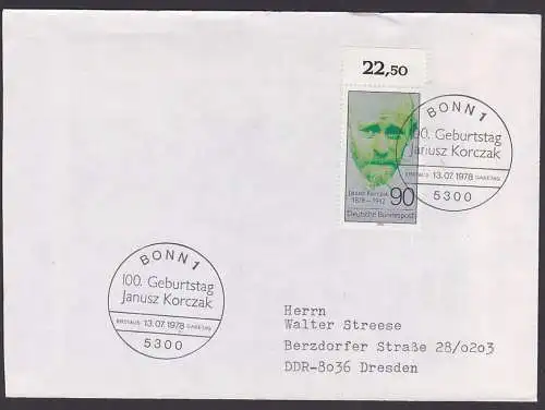 Korczak, Janusz 100. Geburtstag (1878 - 1942) 13.7.1978 gelaufener Brief SSt. Bonn nach Dresden
