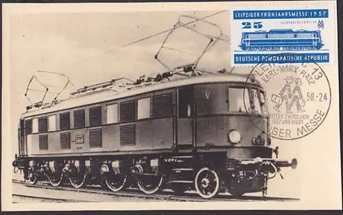 MC Eisenbahn Elektrolokomotive 25 Pf. DDR 560, SoSt. Leipzig Karl-Marx-Platz  auf neutralem Foto, Triebwagen, MM