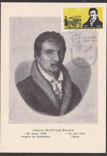MC Johann Gottfried Seume 5 Pf. DDR 952, SoSt. Grimma auf Sonderpostkarte , geb. Poserna bei Weißenfels, gest. Teplitz