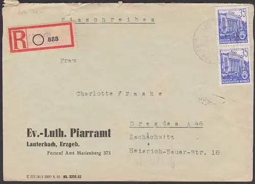 Berlin Sporthalle in Stalinallee 35 Pfg (2) DDR 417 MeF R-Brief portogenau Aushilfs-R-Zerttel Lauterbachüb. Marienberg