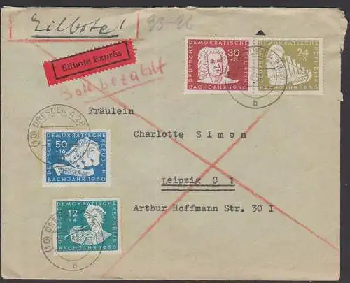 Johann Sebastian Bach Germany DDR 256/59 Expres-Brief Handorgel, Hirtenknabe Doppelflöte, Satzbrief, Dresden Leipzig